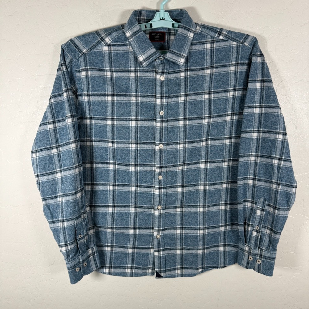 Untuckit Shirt Mens XL Blue Relaxed Fit Flannel Button Up Salentino Plaid - Picture 2 of 9